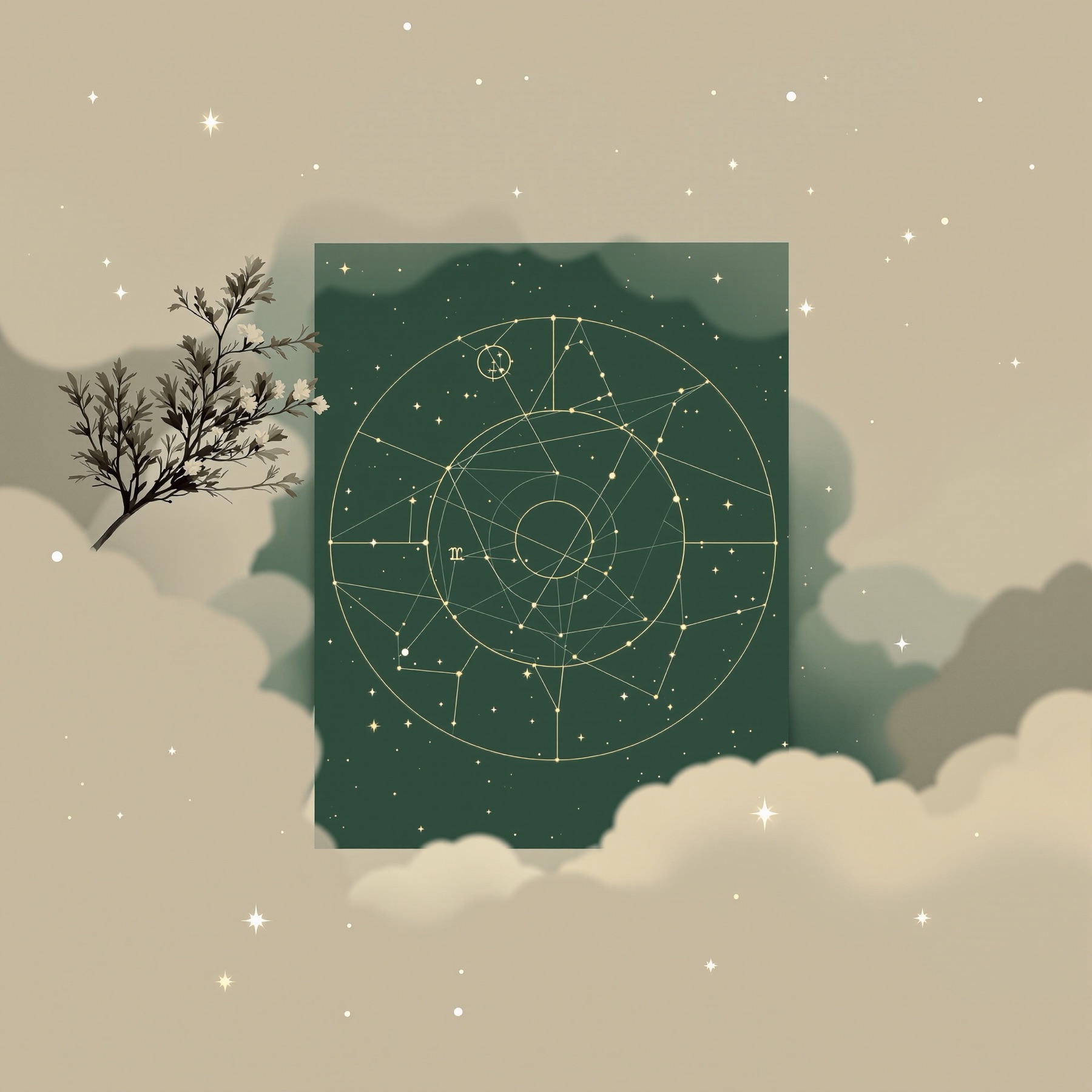深い緑の夜空に描かれた金色の星図